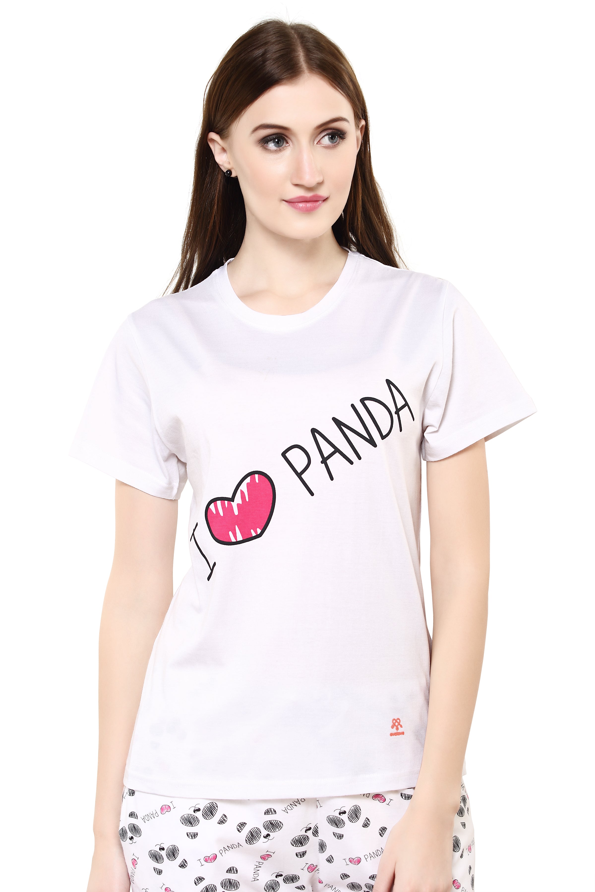 Women's White Round Neck I Love Panda Printed Pajama Set (Day White, S)