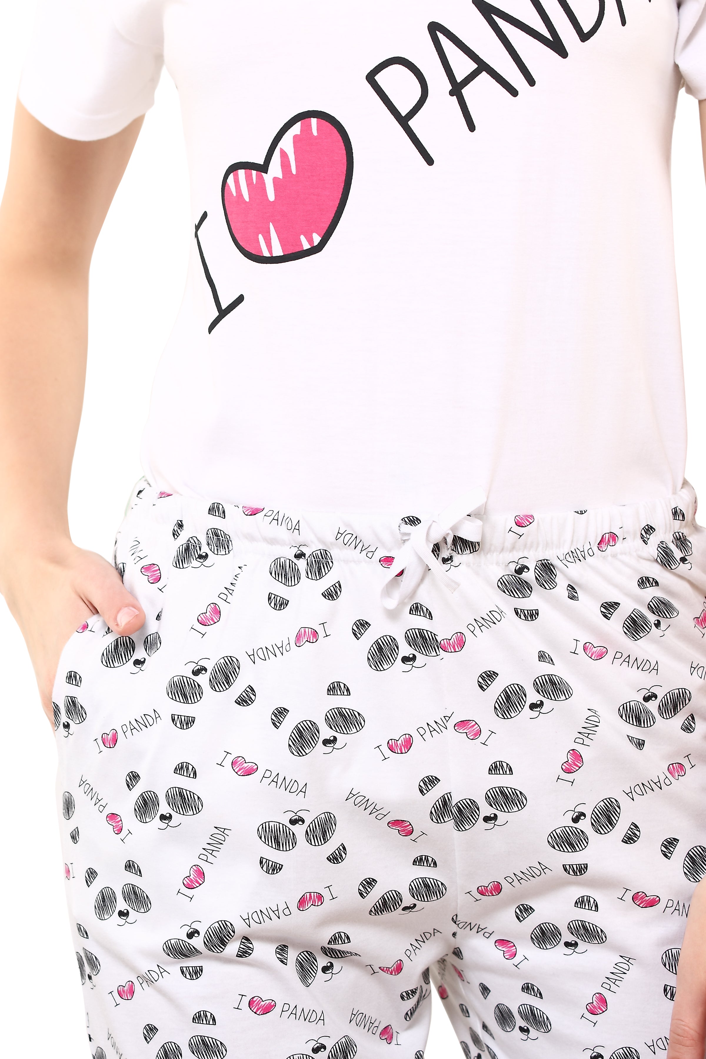 Women's White Round Neck I Love Panda Printed Pajama Set (Day White, S)