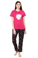 evolove Women's Prism Fushia Round Neck Heart Printed Pajama Set Top Bottom same print Get free eyemask inside of any design