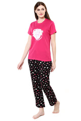 evolove Women's Prism Fushia Round Neck Heart Printed Pajama Set Top Bottom same print Get free eyemask inside of any design