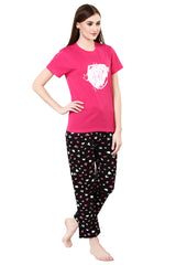 evolove Women's Prism Fushia Round Neck Heart Printed Pajama Set Top Bottom same print Get free eyemask inside of any design