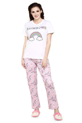 Evolove Pink Round neck Rainbow Print Women's (Pajama set) Night suit