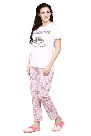 Evolove Pink Round neck Rainbow Print Women's (Pajama set) Night suit Get free eyemask inside of any design