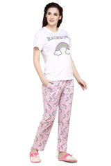 Evolove Pink Round neck Rainbow Print Women's (Pajama set) Night suit