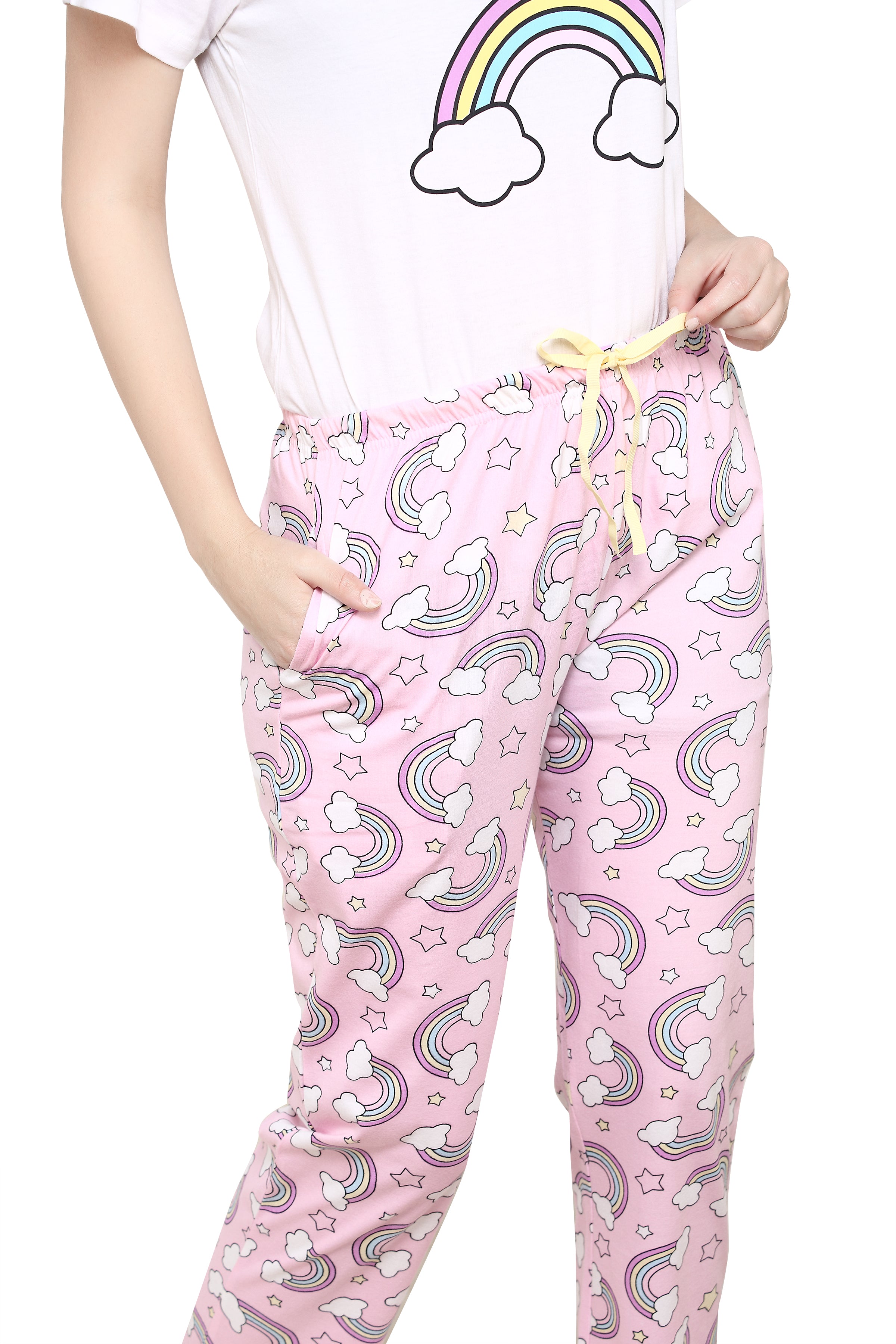 Evolove Pink Round neck Rainbow Print Women's (Pajama set) Night suit Get free eyemask inside of any design