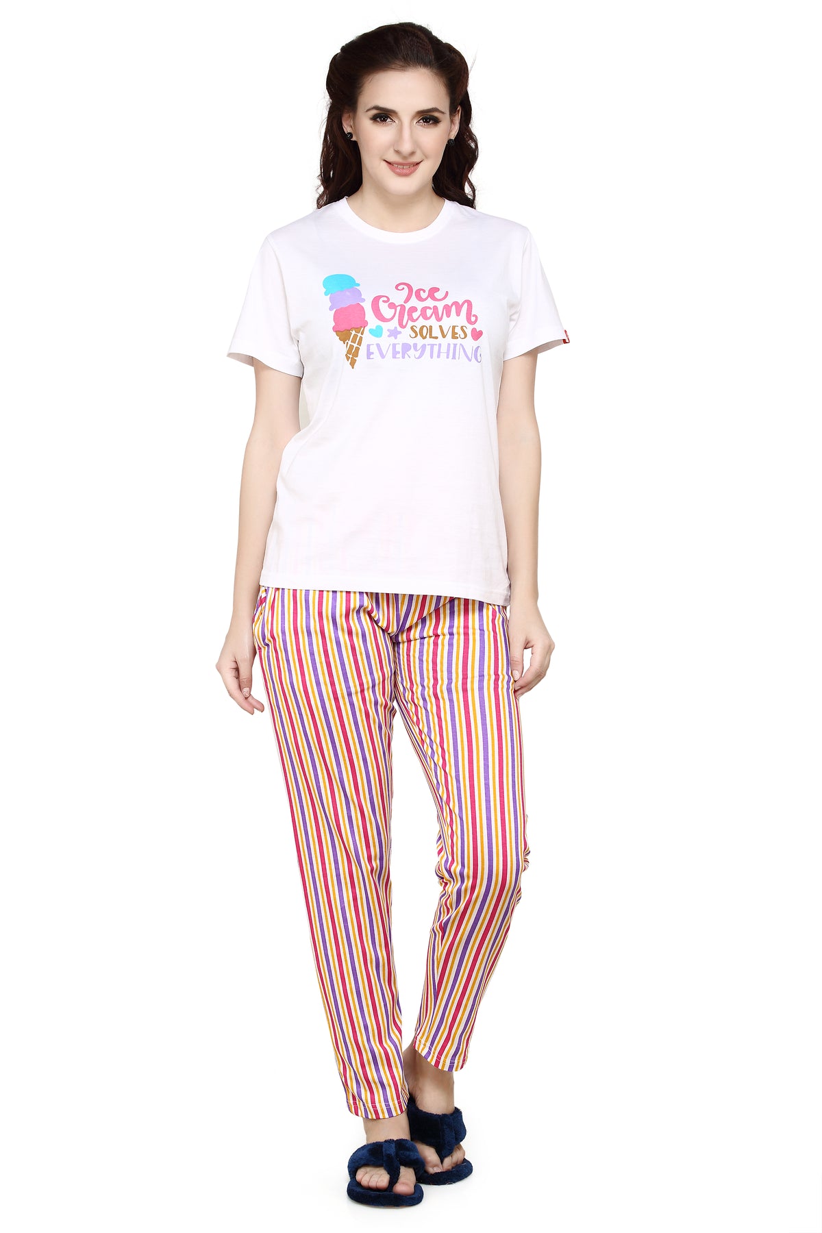 evolove Peach Round neck Stripes & Ice cream Print Women's (Pajama set) Night suit