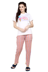 evolove Peach Round neck Stripes & Ice cream Print Women's (Pajama set) Night suit