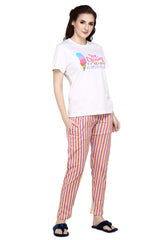 evolove Peach Round neck Stripes & Ice cream Print Women's (Pajama set) Night suit