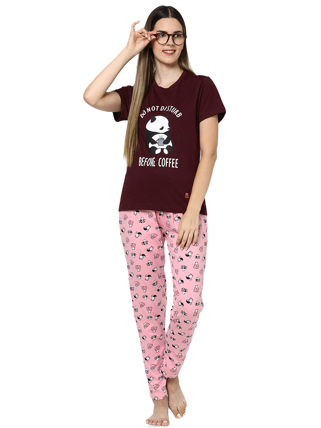 Evolove Women's Hosiery Cotton Round Neck Panda Print Night Suit (Pyjama Set) Get free eyemask inside of any design (Pink, M)