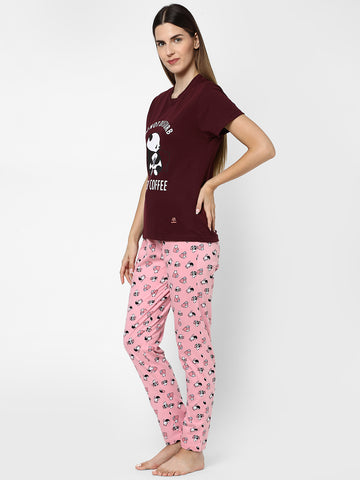 Evolove Women's Hosiery Cotton Round Neck Panda Print Night Suit (Pyjama Set) Get free eyemask inside of any design (Pink, M)