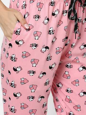 Evolove Women's Hosiery Cotton Round Neck Panda Print Night Suit (Pyjama Set) Get free eyemask inside of any design (Pink, M)