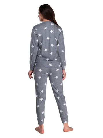 Evolove Womens Tracksuit Pyjama Set with Round Neck Full Sleeve 100% Cotton Terry Star Printed Super Soft Tops & Bottoms Pants Regular Night Suit Sleep & Lounge Wear (S to 2XL Size)