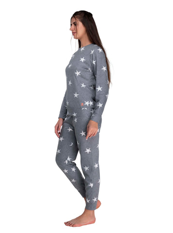 Evolove Womens Tracksuit Pyjama Set with Round Neck Full Sleeve 100% Cotton Terry Star Printed Super Soft Tops & Bottoms Pants Regular Night Suit Sleep & Lounge Wear (S to 2XL Size)