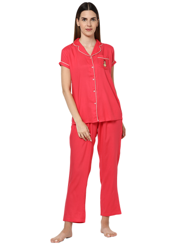 Evolove Women's Viscose Liva Super Soft Shirt & Pajama Night suit set ,(BTS Heart Symbol embroidery on pocket), Various colour Options & sizes M - XXL