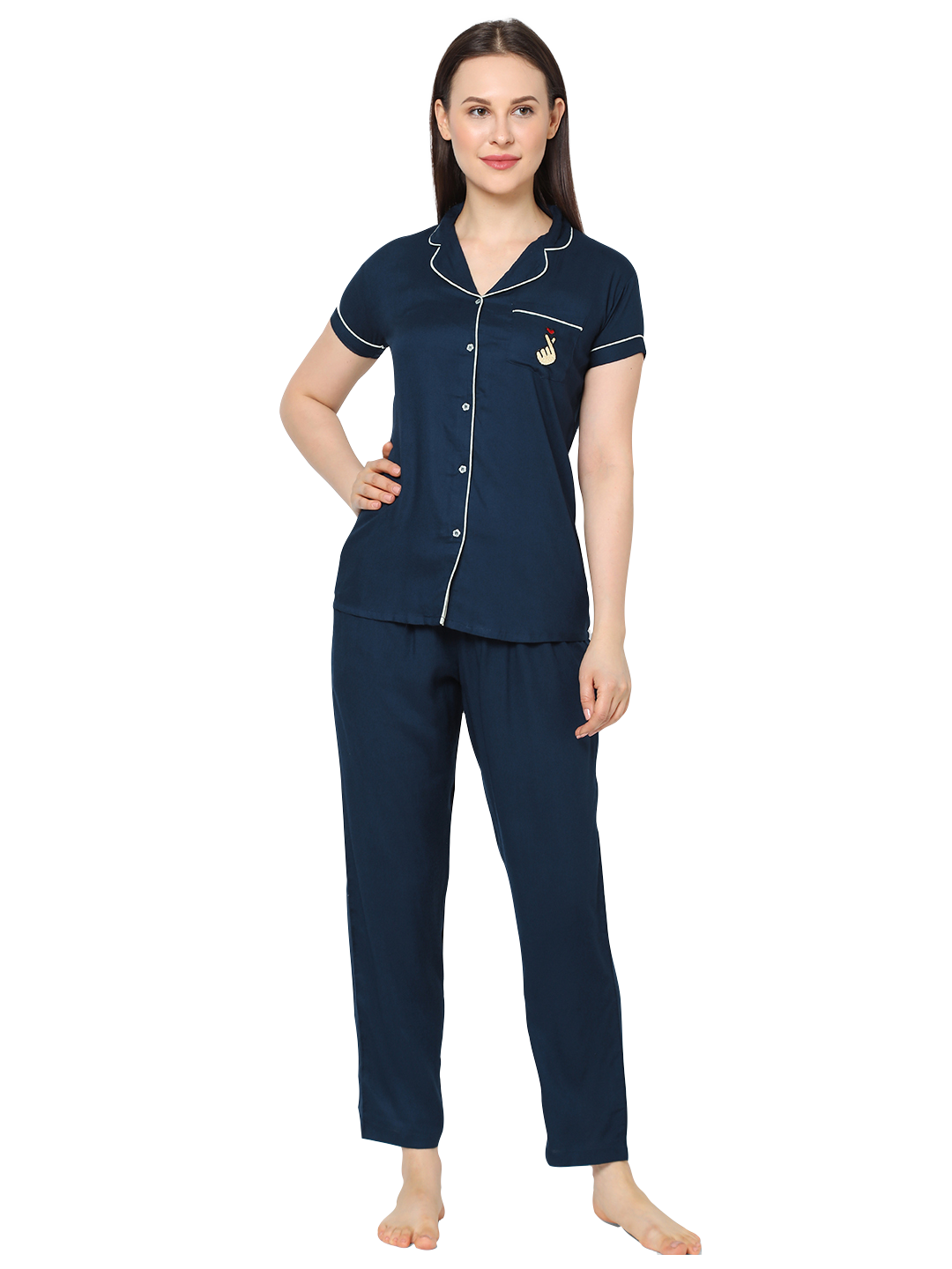 Evolove Women's Viscose Liva Super Soft Shirt & Pajama Night suit set ,(BTS Heart Symbol embroidery on pocket), Various colour Options & sizes M - XXL