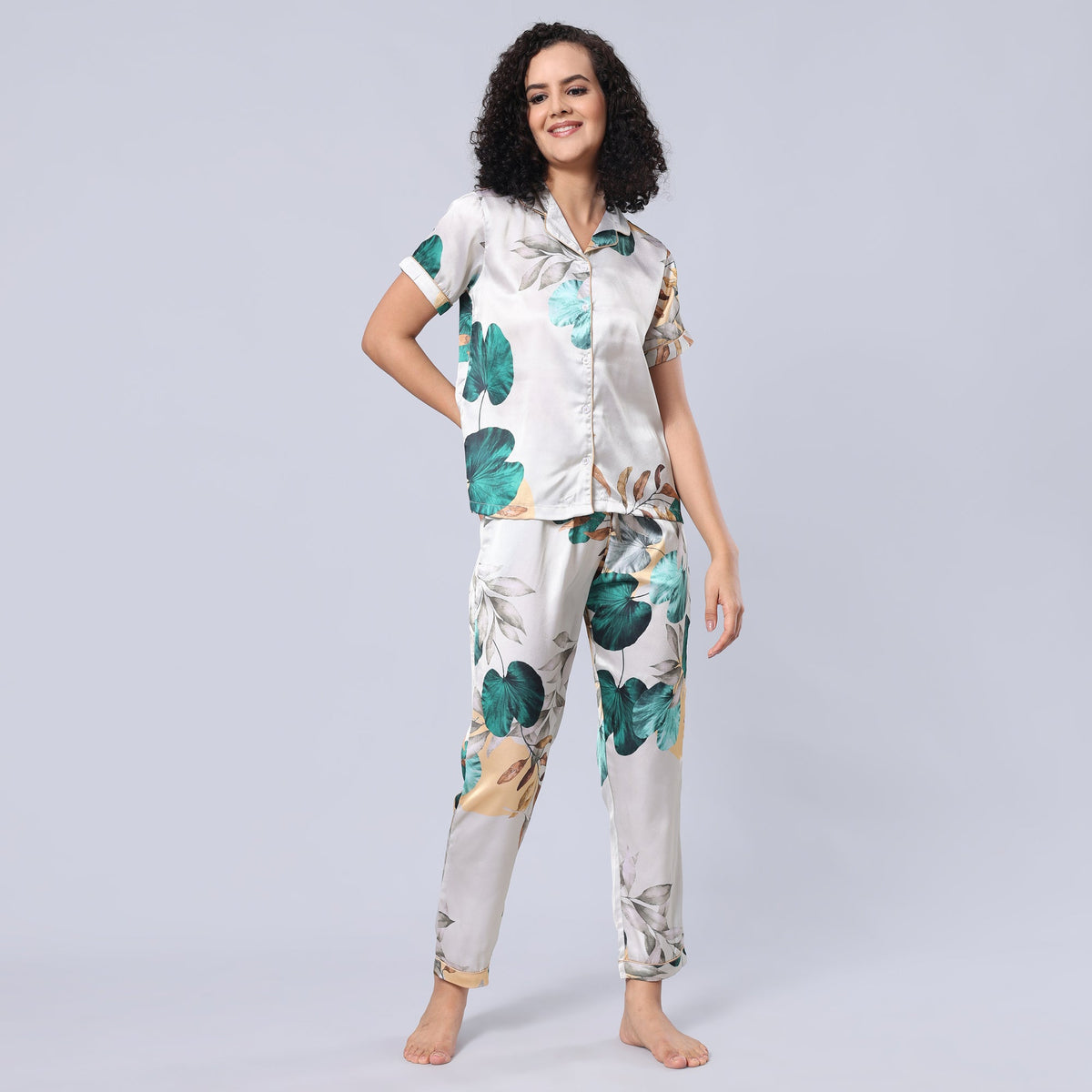 evolove Women Satin Short Sleeve Top and Pyjama Nightsuit Set