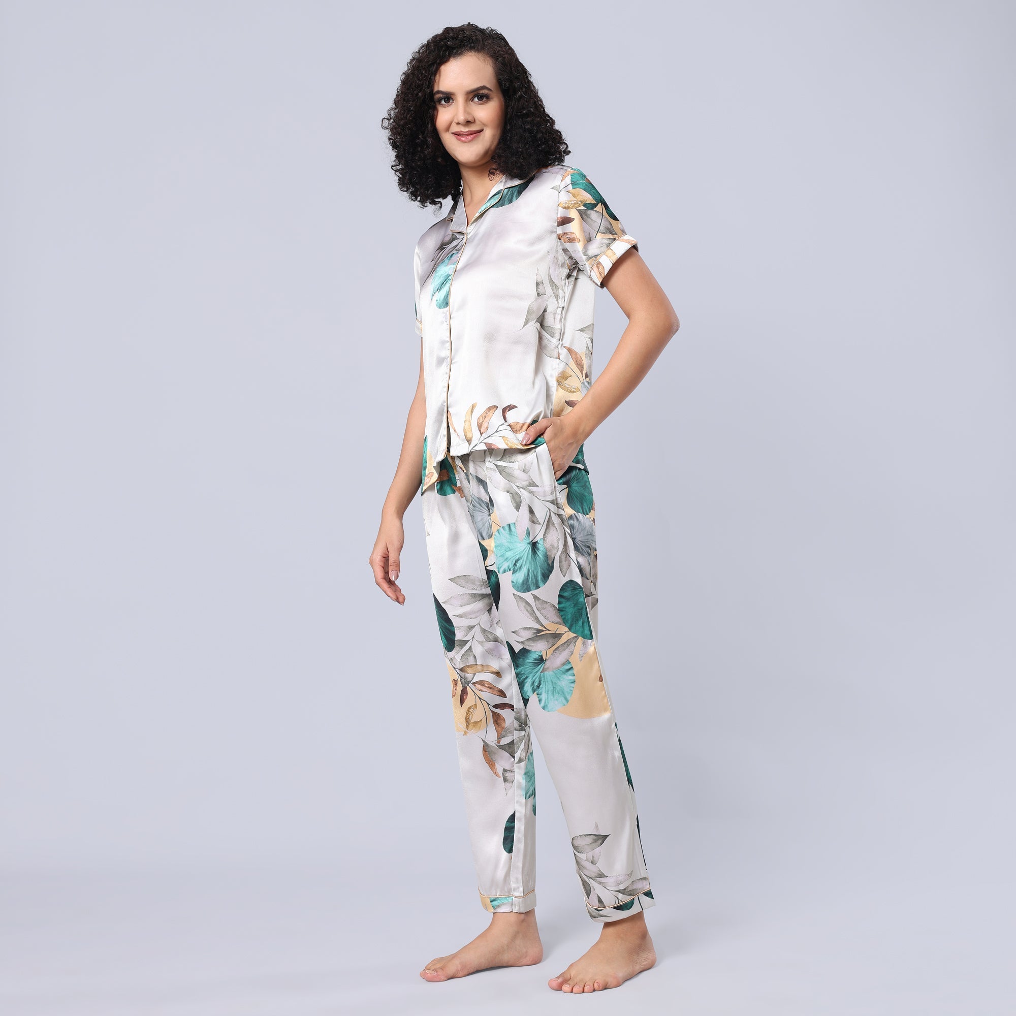 evolove Women Satin Short Sleeve Top and Pyjama Nightsuit Set