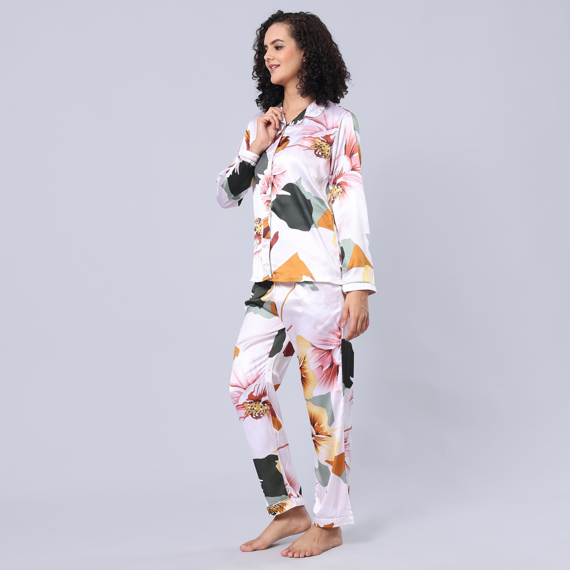 evolove Women Satin Short Sleeve Top and Pyjama Nightsuit Set