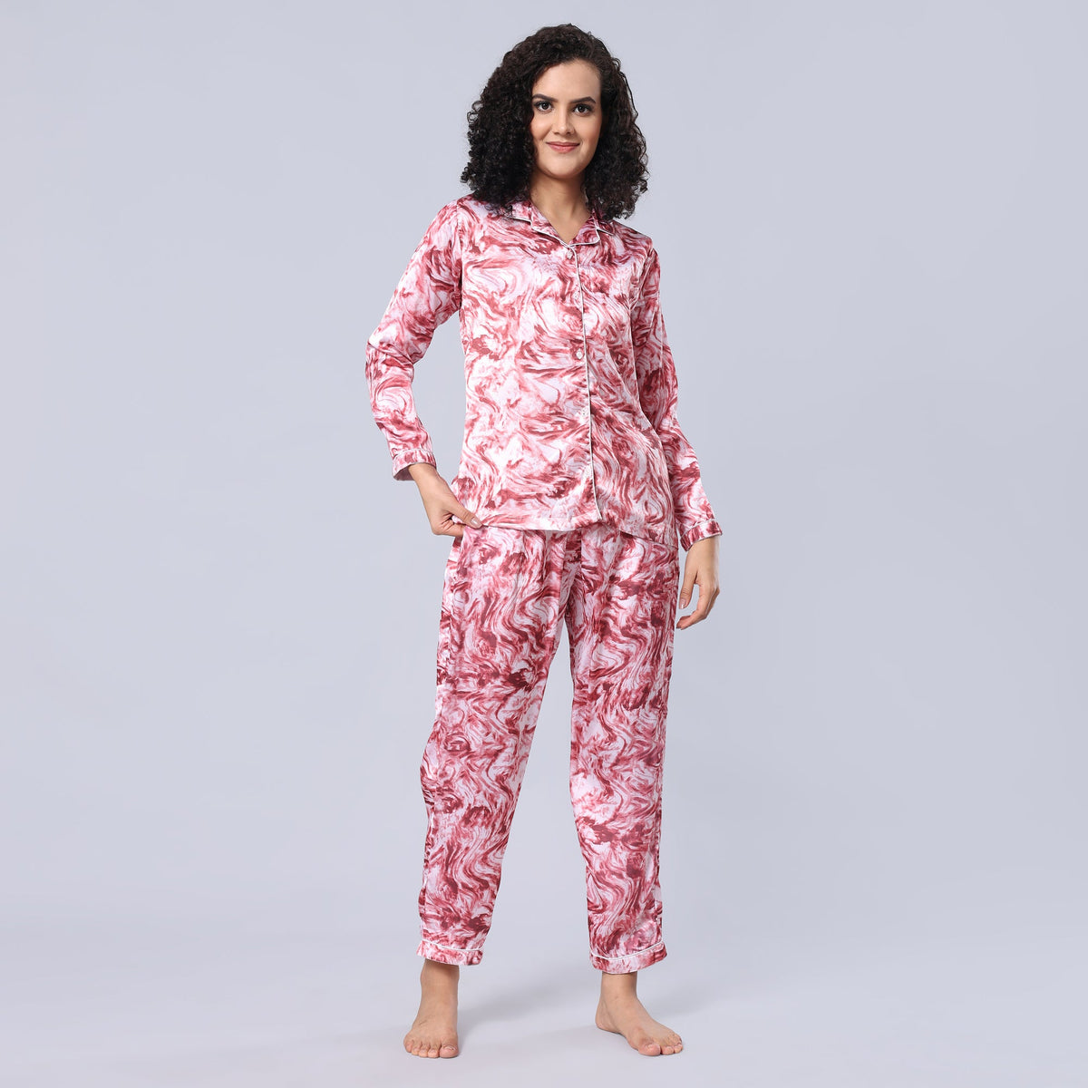 evolove Women Satin Short Sleeve Top and Pyjama Nightsuit Set