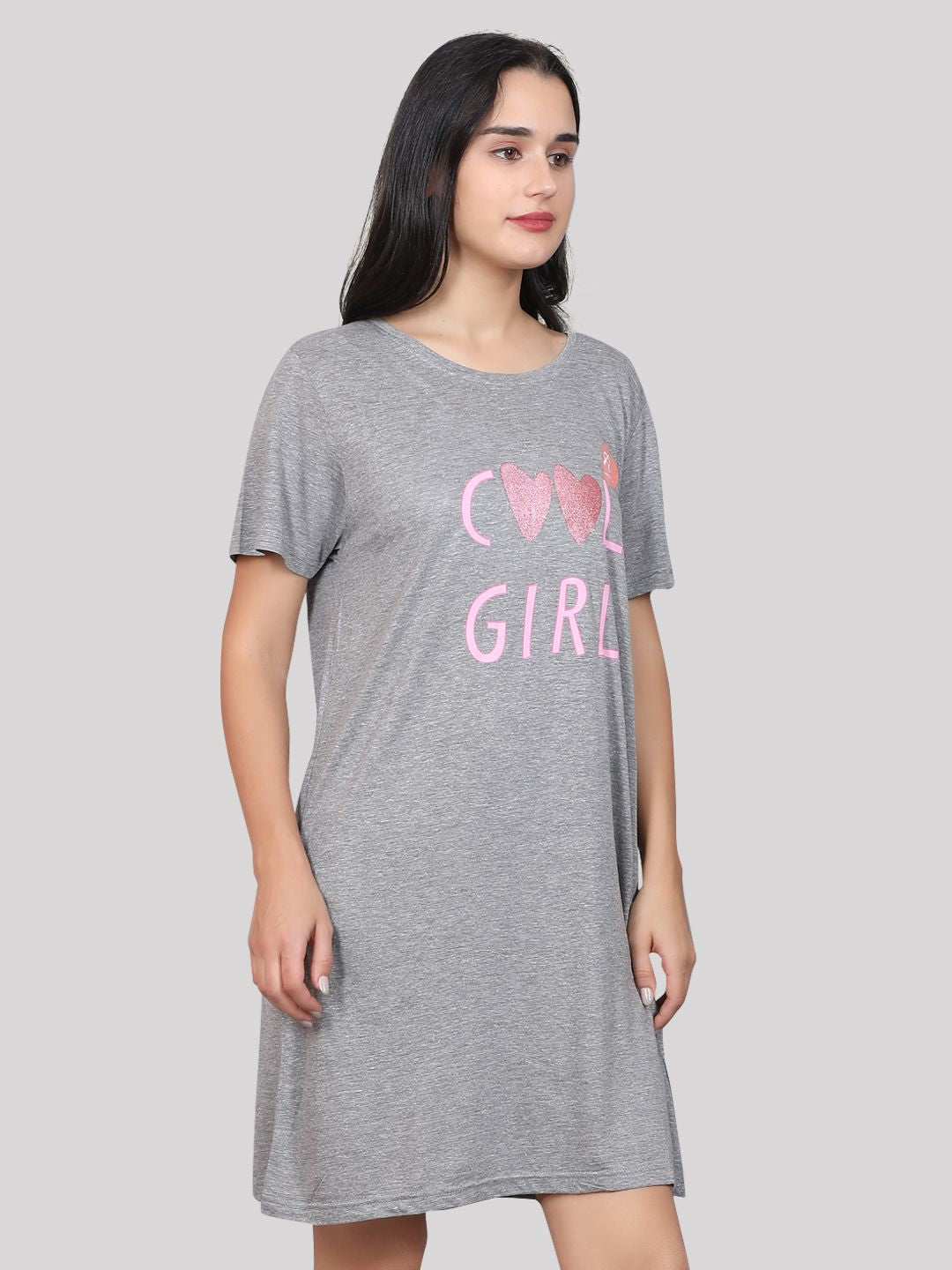 Evolove Women's 100% Cotton Printed Knee Length Casual Regular Short Nightgown (Grey Melange)