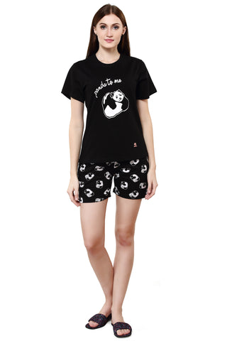 Evolove Women's Bold Black Round Neck Panda Printed Shorts Set (Bold Black, S) Get free eyemask inside of any design