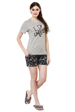 Evolove Women's Goat Grey Round Neck I love Coffee Printed Shorts Set (Goat Grey & Black, S) Get Free Eyemask Inside Of Any Design