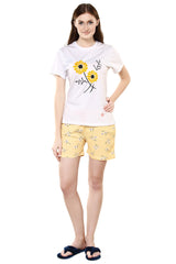 Women's White And cyber yellow Round Neck I love flower Printed Shorts Set (Goat Grey & Black, S) Get Free Eyemask Inside Of Any Design