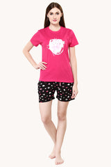 evolove Women's Prism Fushia Round Neck Heart Printed Shorts Set Top Bottom same print (Prism Fushia & Black, S) Get free eyemask inside of any design