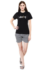 evolove Women's Jet Black Round Neck Check & Saturday Printed Shorts Set Top Bottom same print (Jet Black, M) Get free eyemask inside of any design