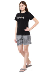 evolove Women's Jet Black Round Neck Check & Saturday Printed Shorts Set Top Bottom same print (Jet Black, M) Get free eyemask inside of any design