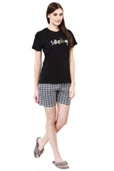 evolove Women's Jet Black Round Neck Check & Saturday Printed Shorts Set Top Bottom same print (Jet Black, M) Get free eyemask inside of any design