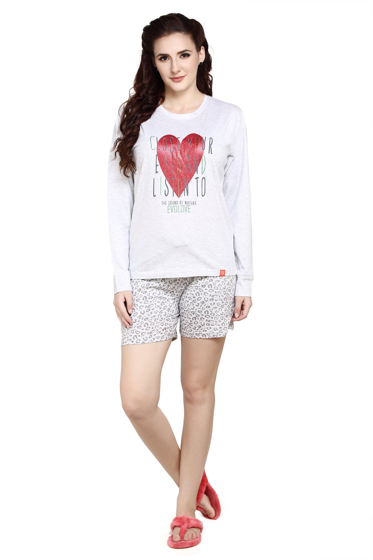 evolove Ground Grey Round neck Hearts Print Women's (Shorts set) Night suit