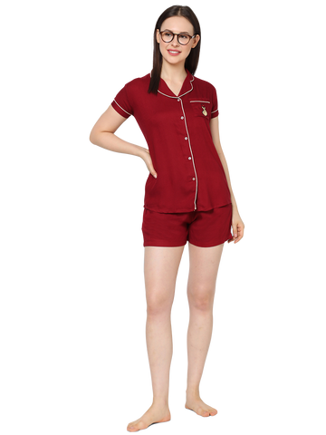 Evolove Women's Viscose Liva Super Soft Shirt & Shorts Set, Night suit set ,Sleepwear (BTS Heart Symbol embroidery on pocket), Various colour Options & sizes M - XXL)