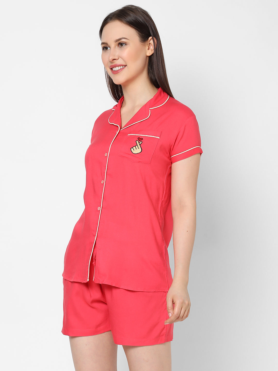 Evolove Women's Viscose Liva Super Soft Shirt & Shorts Set, Night suit set ,Sleepwear (BTS Heart Symbol embroidery on pocket), Various colour Options & sizes M - XXL)