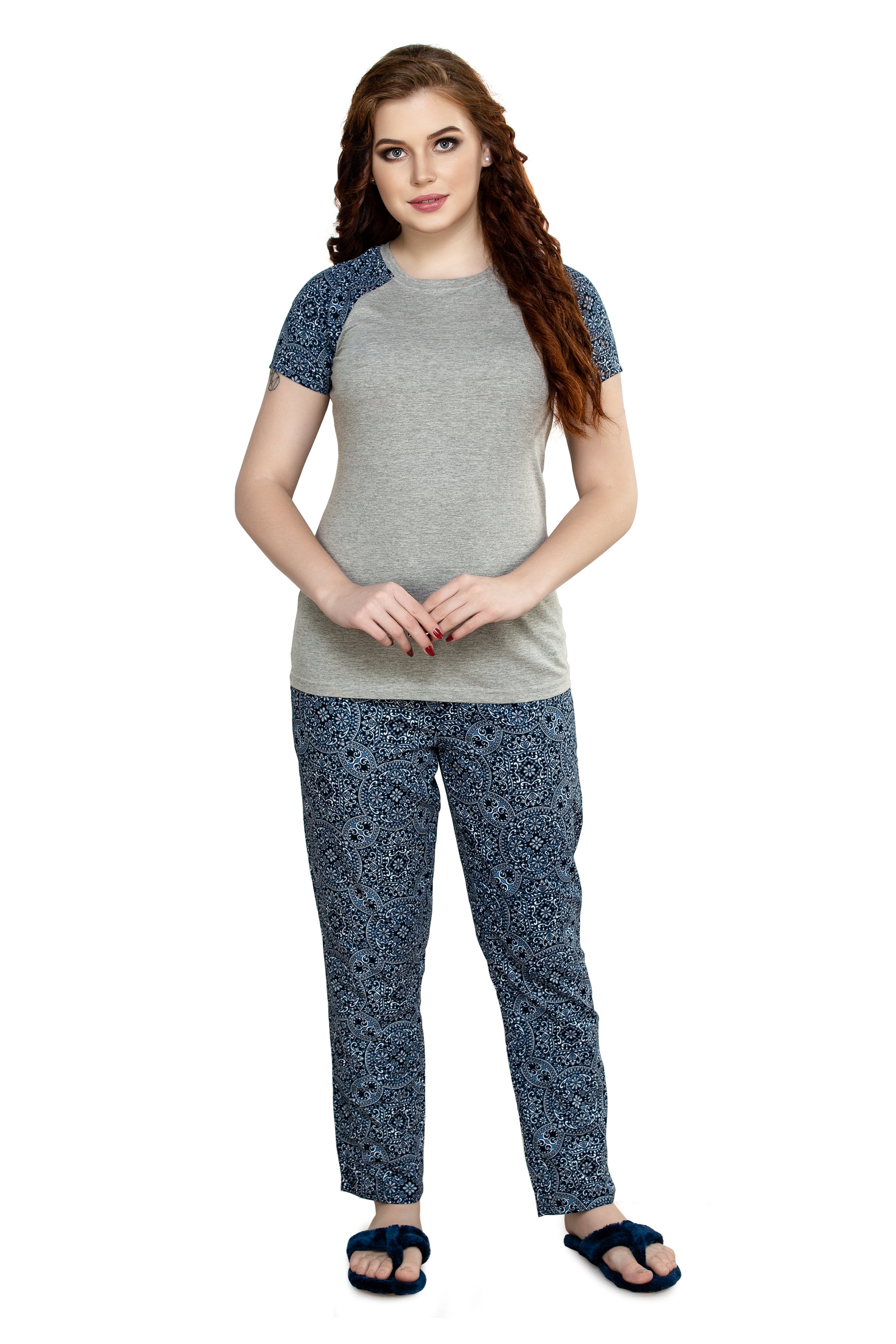 evolove Women's Knitted + Cotton Print Raglon Sleeve Grey Night suit (pajama set)