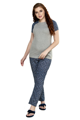 evolove Women's Knitted + Cotton Print Raglon Sleeve Grey Night suit (pajama set)