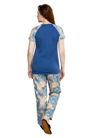 evolove Women's Knitted + Cotton Floral Print Raglon Sleeve Blue Night suit (pajama set)