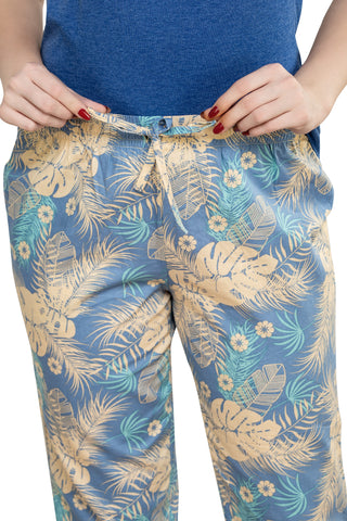 evolove Women's Knitted + Cotton Floral Print Raglon Sleeve Blue Night suit (pajama set)