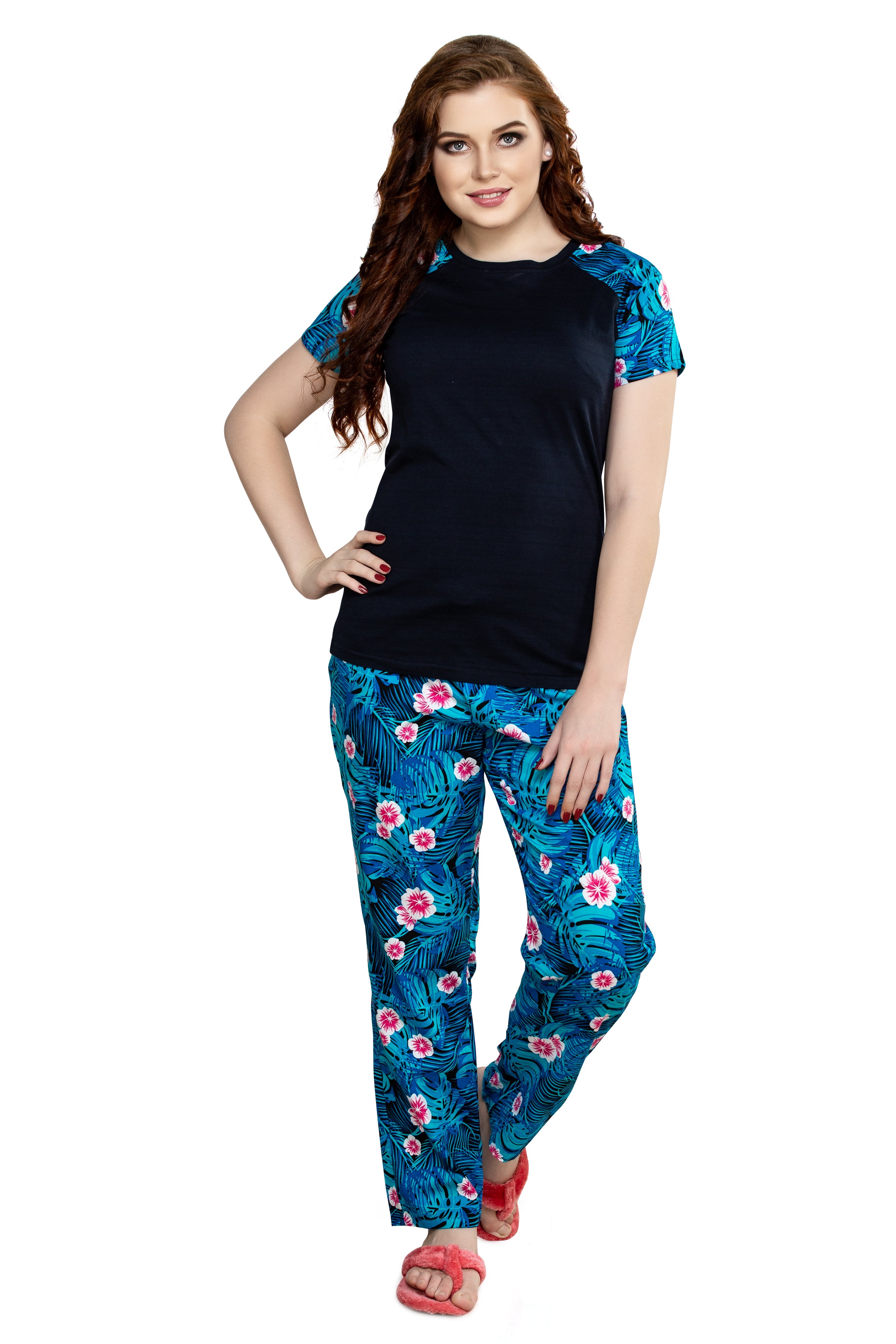 evolove Women's Knitted + Cotton Floral Print Raglon Sleeve Navy Night suit (pajama set)