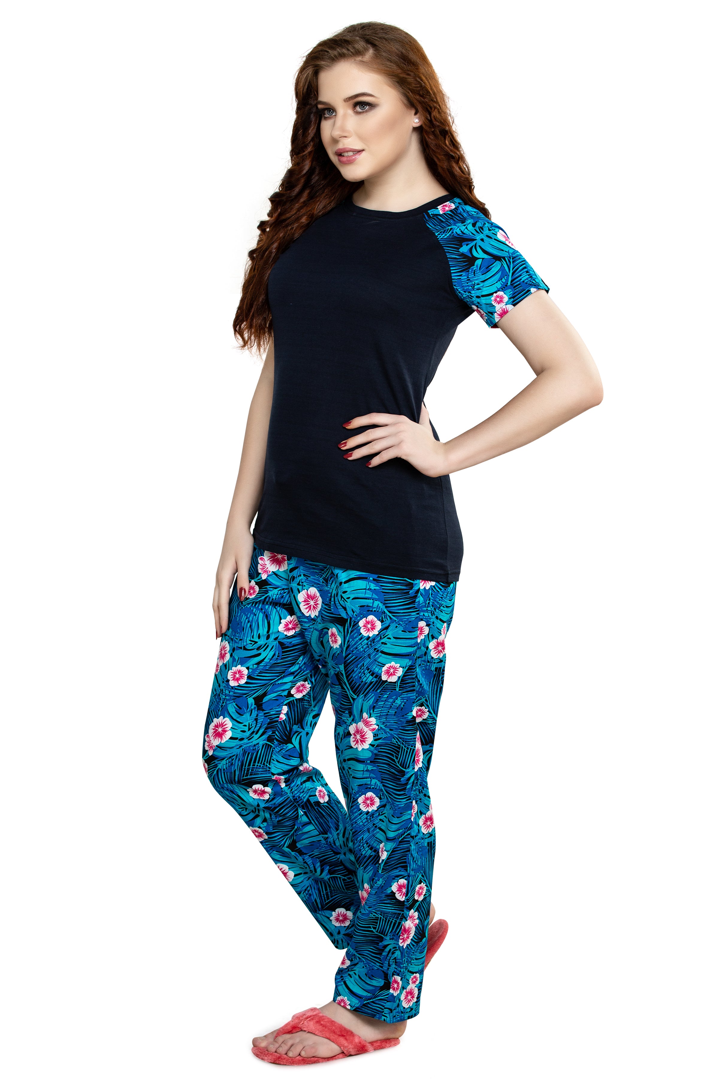 evolove Women's Knitted + Cotton Floral Print Raglon Sleeve Navy Night suit (pajama set)