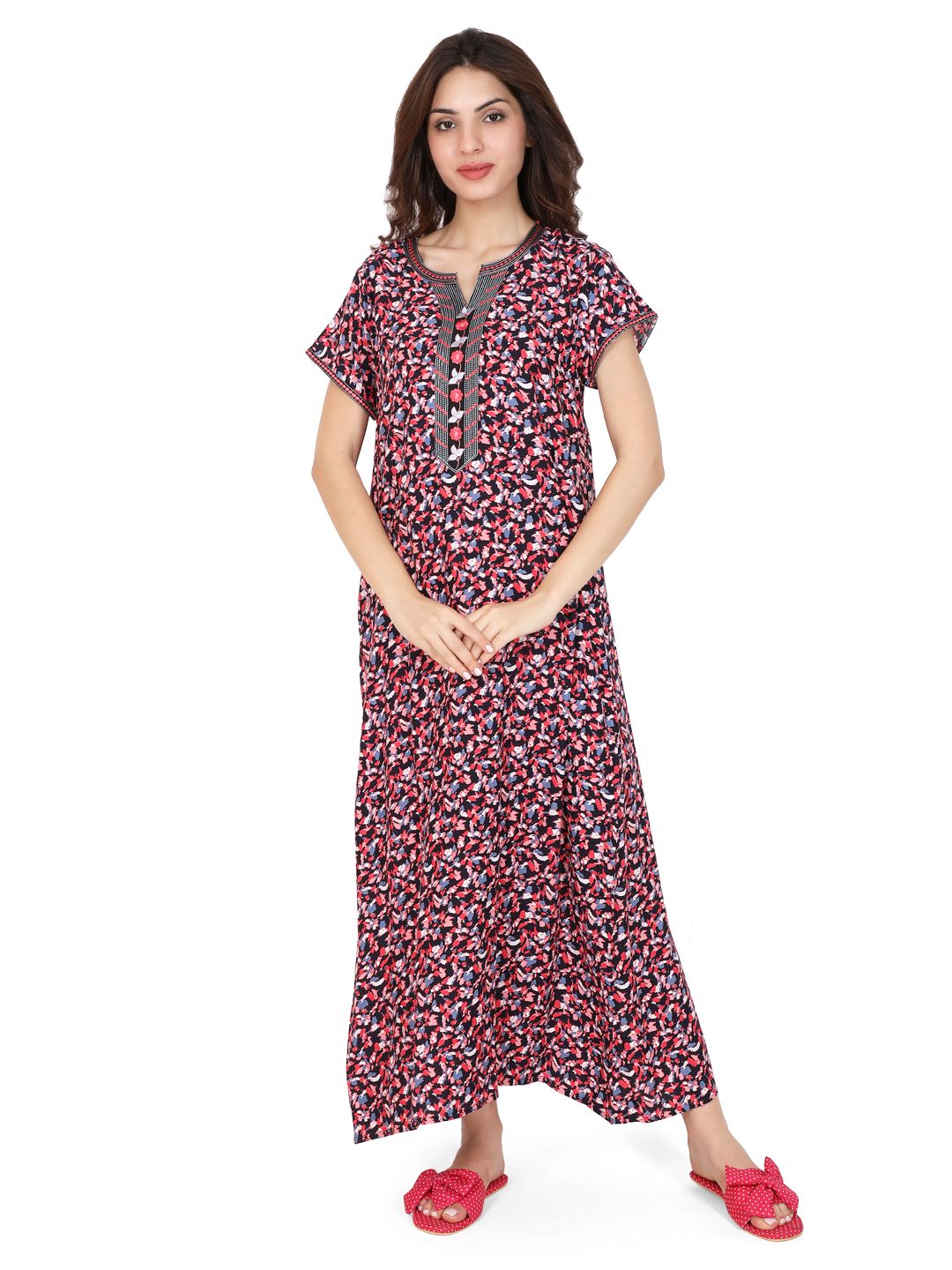 Evolove Women's Rayon Printed Maxi Nighty Sleepwear Super Comfortable (Black)