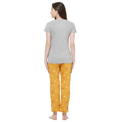 Evolove Women's Hosiery cotton Half Sleeve T-shirt & Printed  Pajama Set (Colour - Grey & Printed  Mustard)