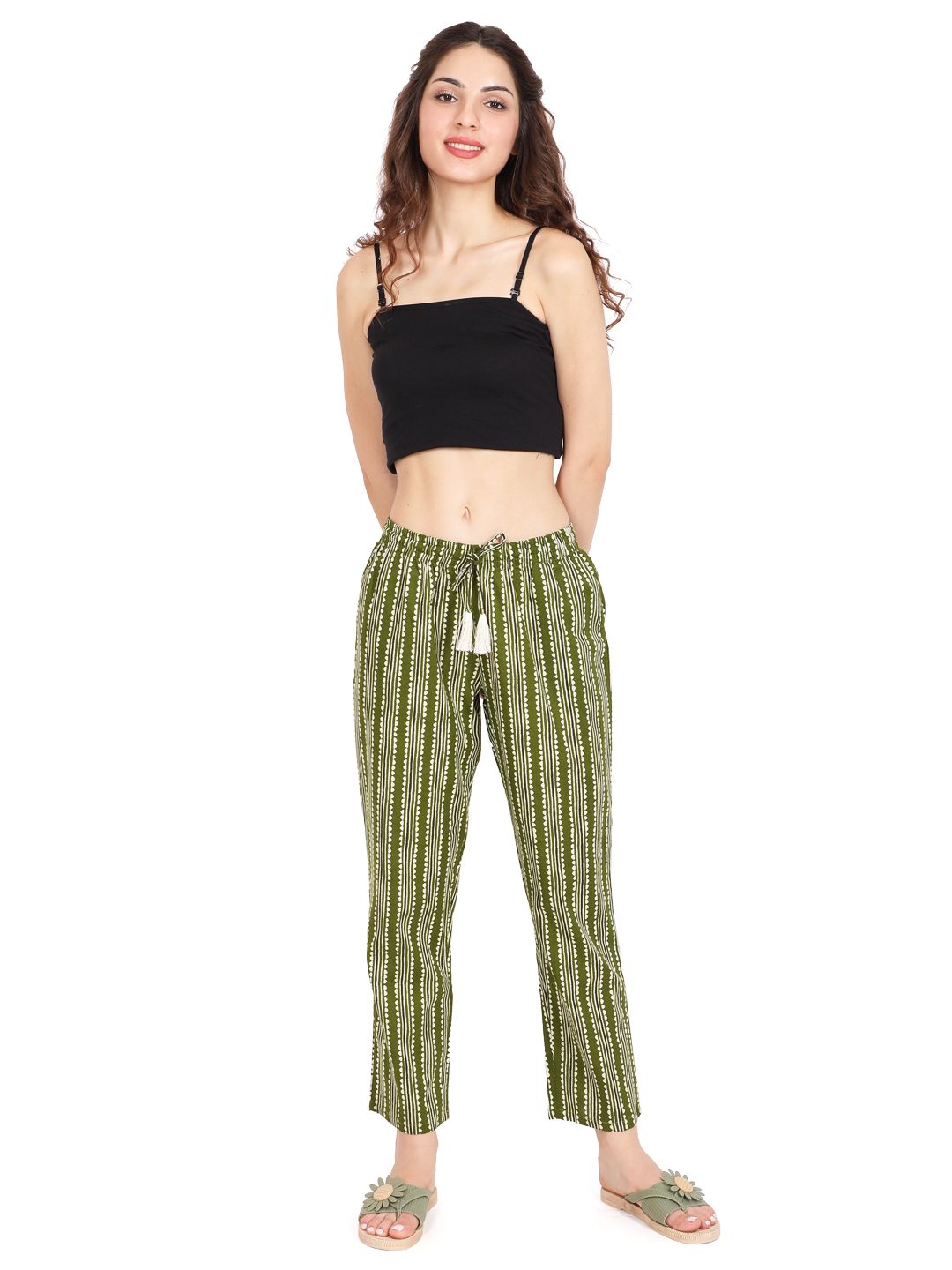 Evolove Women's Cotton Printed Pajama Relaxed Lounge Pants With Pockets ( Olive)