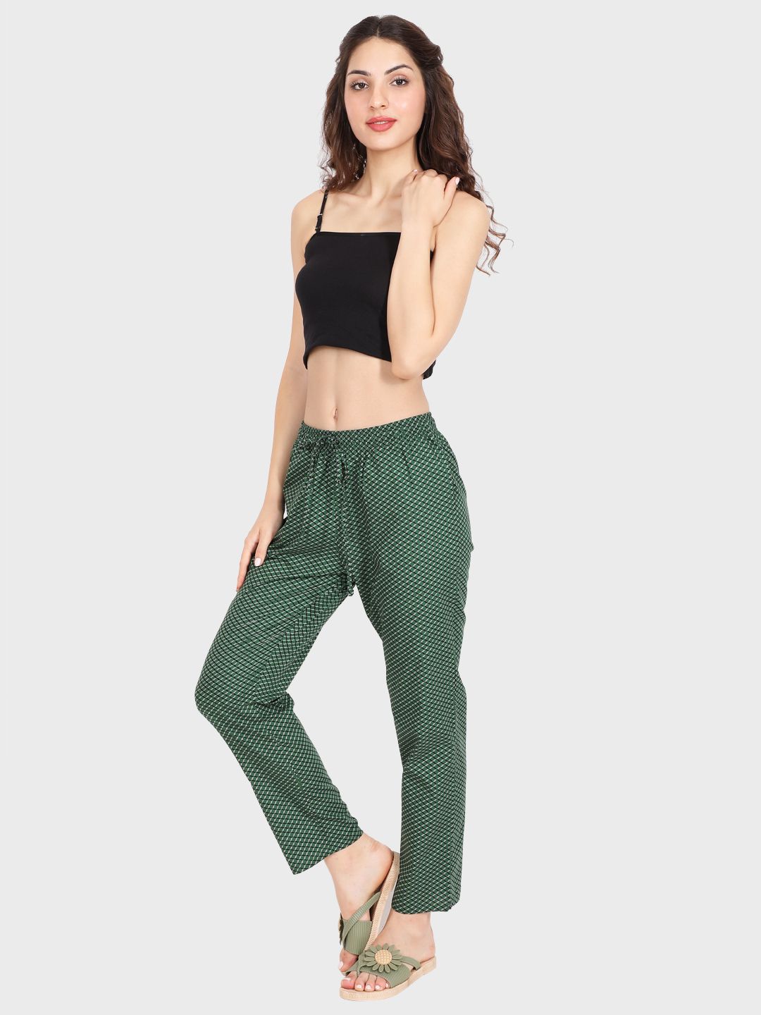 Evolove Women's Cotton Printed Pyjama Relaxed Lounge Pants With Pockets ( Green)