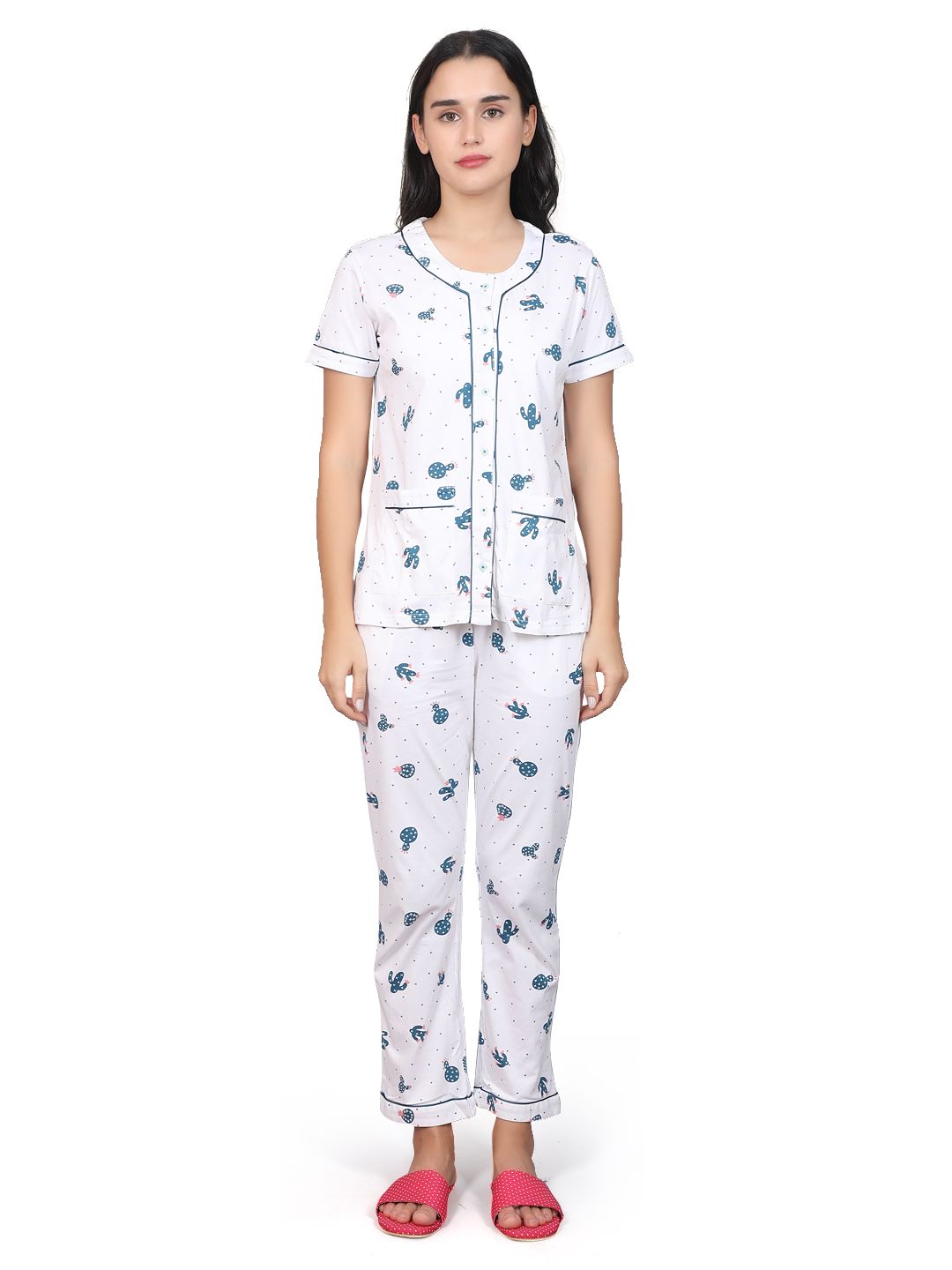 Evolove Women's Cotton Half Sleeves Round Neck Night Suit Set/Top Pyjama Set Super Soft