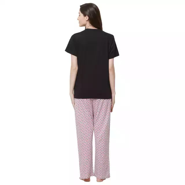 Evolove Women's Hosiery cotton Half Sleeve T-shirt & Printed  Pajama Set (Colour - Black & Printed  Red)