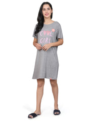 Evolove Women's 100% Cotton Printed Knee Length Casual Regular Short Nightgown (Grey Melange)