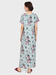 Evolove Women's Rayon Printed Maxi Nighty Sleepwear Super Comfortable (Grey Green)