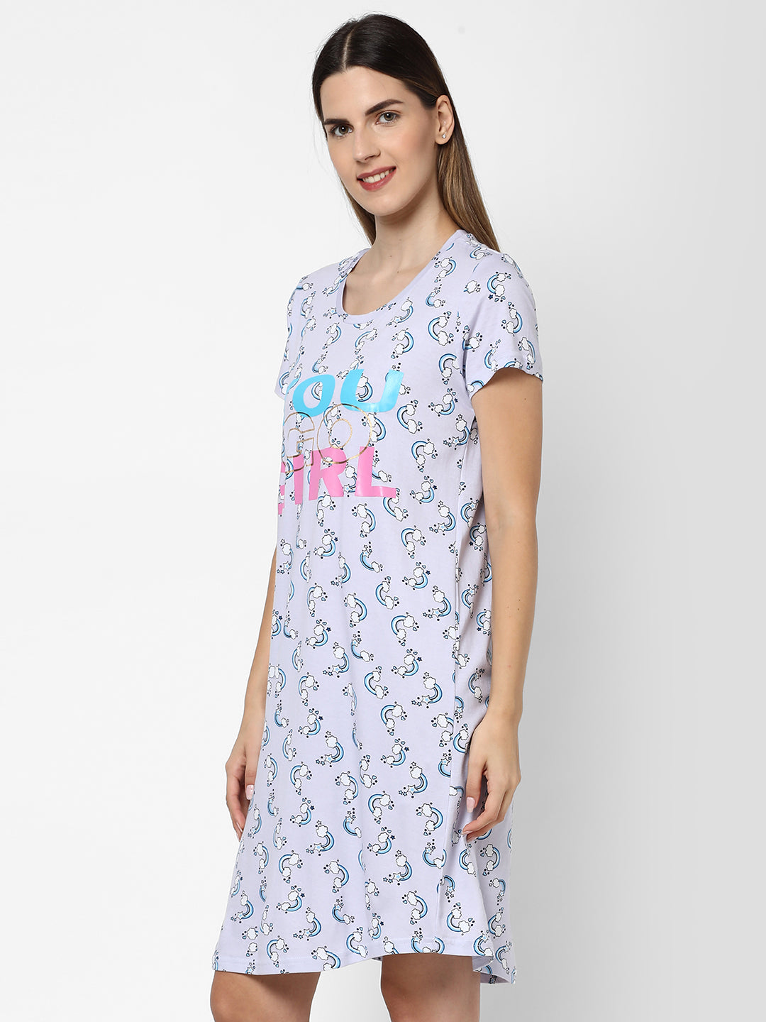 evolove women's rainow print with you go girl printed knee length nightgown/short nighty/longpolo, 100% cotton, super soft, trendy design