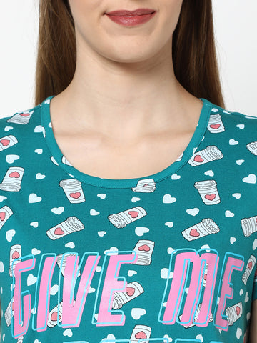 evolove women's coffee hearts print with give me coffee printed knee length nightgown/short nighty/longpolo, 100% cotton, super soft, trendy design